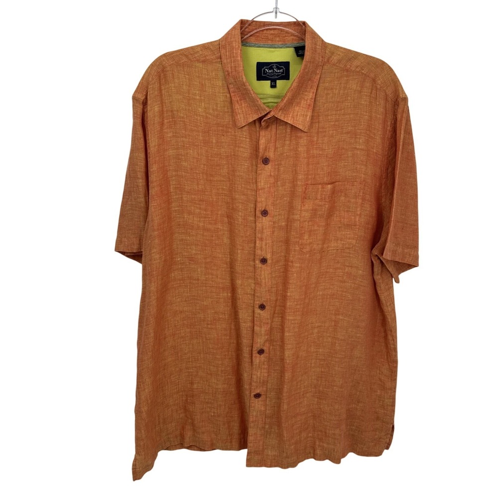 Nat Nast Button Front Shirt‎ Mens XL Orange Linen Thanksgiving Halloween Fall